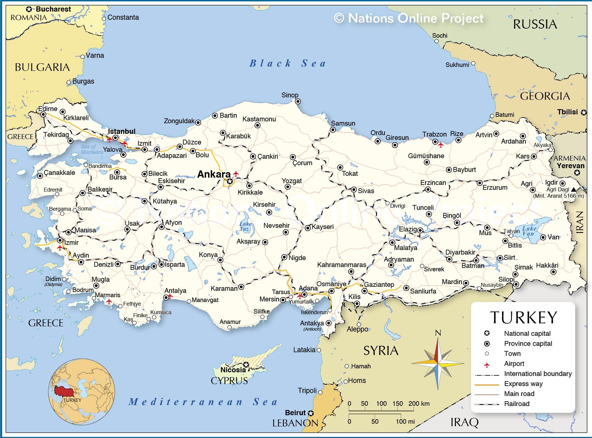 地図のトルコ及び周辺諸国とトルコの国と地図の周辺諸国 西アジア アジア