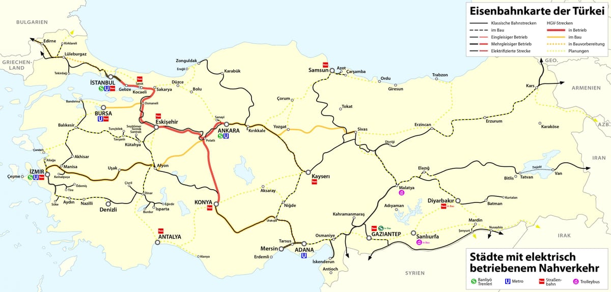 地図のトルコの鉄道