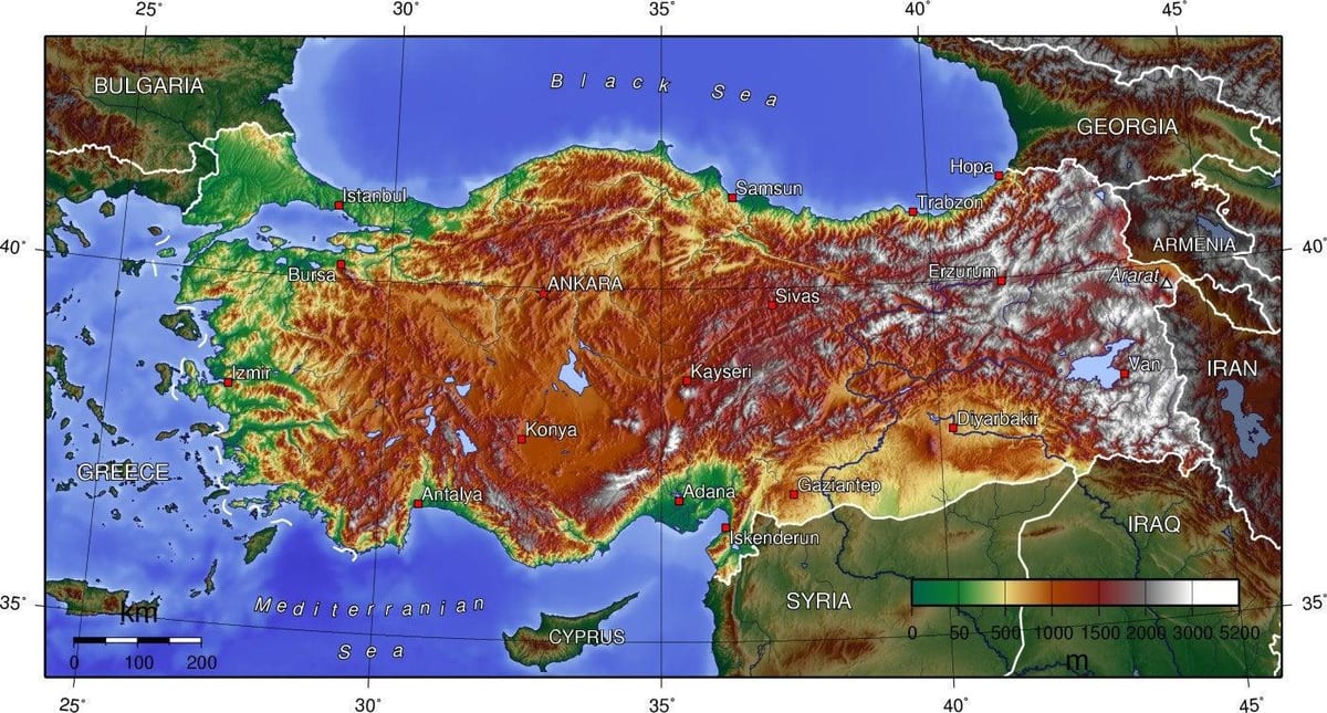 地図のトルコの標高