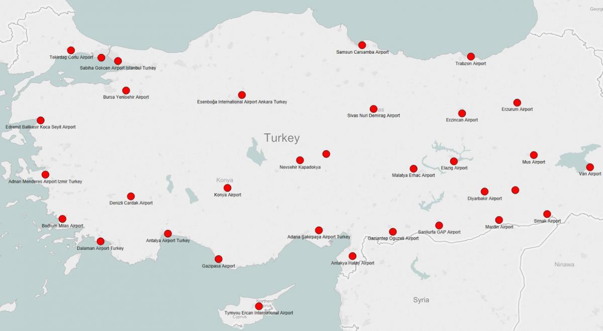 地図のトルコの空港を表示