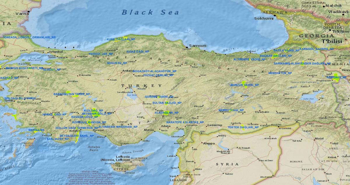 地図のトルコ国立公園